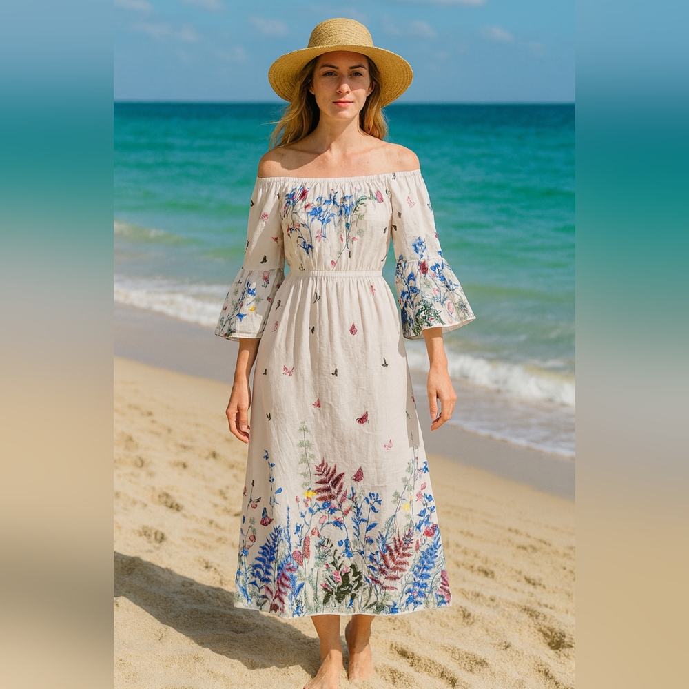 Floral Off-Shoulder White Dress